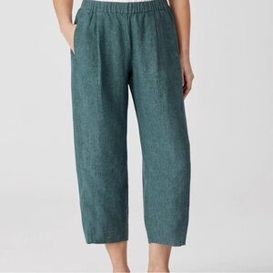 Eileen Fisher Teal Cropped Elastic-Waist 100% Organic Linen Pants